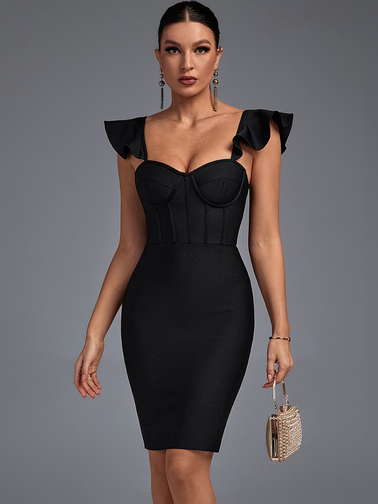 Bella Fancy Dresses US 0 Ruffle Midi Bandage Dress Black Bodycon Dress Evening Party Elegant Sexy Ribbed Birthday Club Outfit 2022 Summer New Arrival