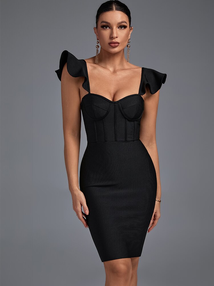 Bella Fancy Dresses US 0 Ruffle Midi Bandage Dress Black Bodycon Dress Evening Party Elegant Sexy Ribbed Birthday Club Outfit 2022 Summer New Arrival