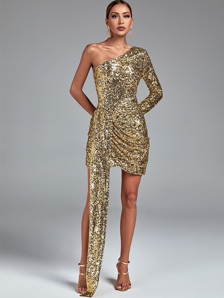 Bella Fancy Dresses US 0 Sequined Evening Party Dress Women Gold Bodycon Dress Elegant Sexy One Shoulder Draped Birthday Club Outfits 2022 New Fashion