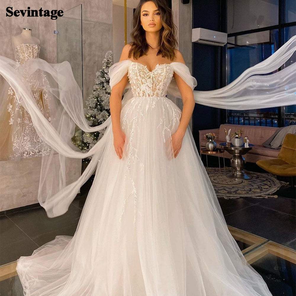Bella Fancy Dresses US 0 Sevintage Off the Shoulder Boho Wedding Dresses Appliques Lace A-Line Tulle Bridal Gowns Sweetheart Wedding Dress