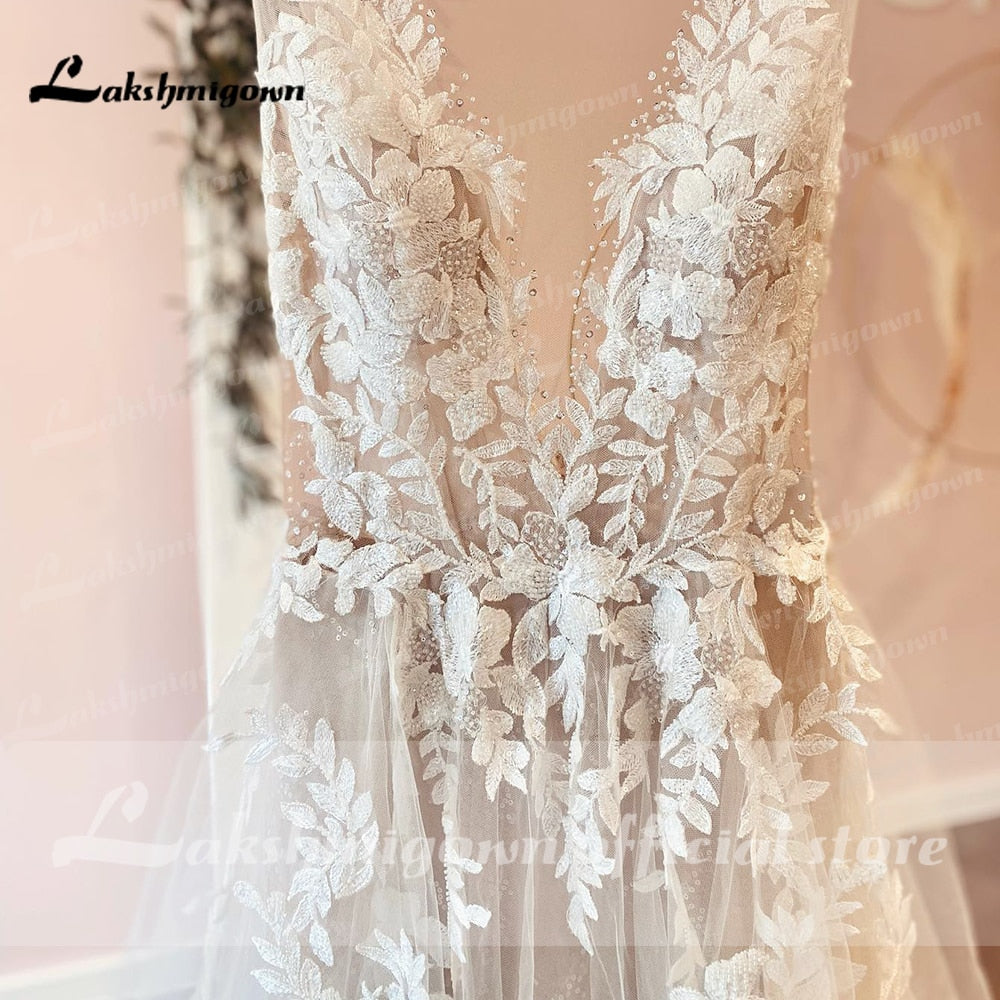 Bella Fancy Dresses US 0 Sexy A-Line Backless Wedding Dress 2022 Vintage Lace Applique Beaded Off White Tulle Wedding Gowns Trouwjurk Long Bridal Dress