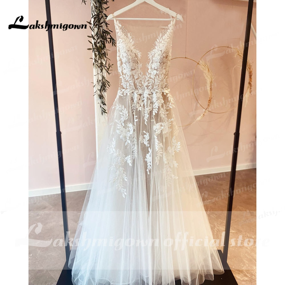Bella Fancy Dresses US 0 Sexy A-Line Backless Wedding Dress 2022 Vintage Lace Applique Beaded Off White Tulle Wedding Gowns Trouwjurk Long Bridal Dress