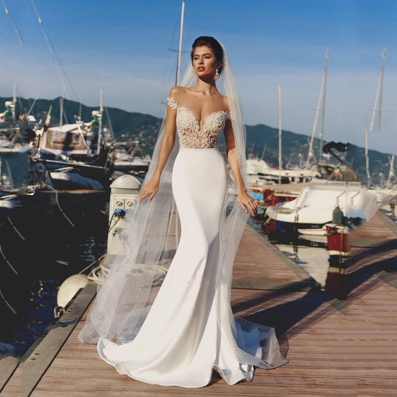 Bella Fancy Dresses US 0 Sexy Mermaid Wedding Dresses 2021 Beach Vintage Illusion Off The Shoulder O-Neck Lace Bridal Gowns Simple New Vestidos De Novia
