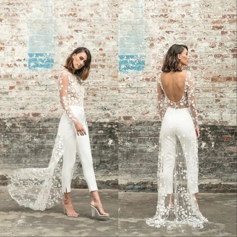 Bella Fancy Dresses US 0 Sexy Open Back Wedding Pant Suits For Brides With Train Applique Lace Long Sleeves Wedding Jumpsuits Women Elegant Formal Dress