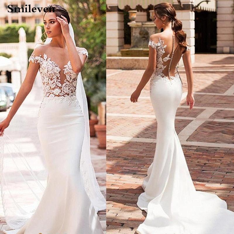 Bella Fancy Dresses US 0 Smileven Mermaid Wedding Dress 2020 Satin Cap Sleeve Vestido De Noiva Lace Bohemian Bride Dresses With Romantic Buttons