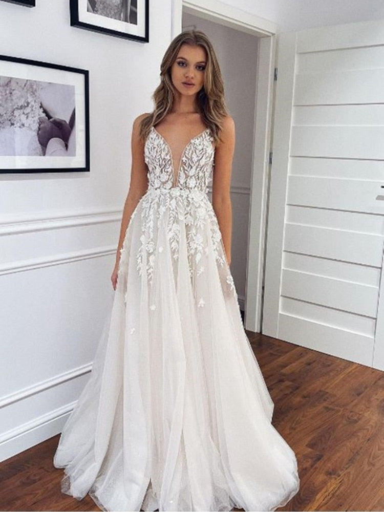 Bella Fancy Dresses US 0 Spaghetti Strap Deep V Neck Wedding Dress 2021 for Bride Lace Appliques Tulle Pleat Gorgeous Bridal Gowns  For Women