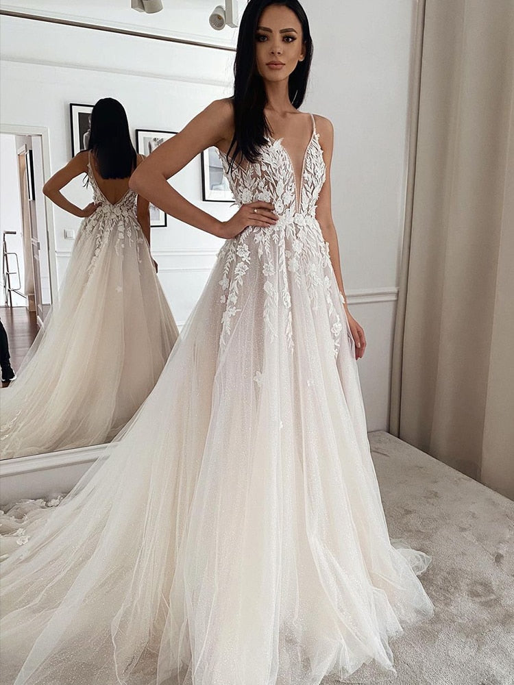 Bella Fancy Dresses US 0 Spaghetti Strap Deep V Neck Wedding Dress 2021 for Bride Lace Appliques Tulle Pleat Gorgeous Bridal Gowns  For Women