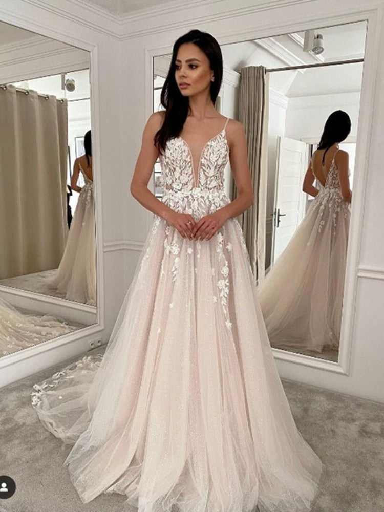 Bella Fancy Dresses US 0 Spaghetti Strap Deep V Neck Wedding Dress 2021 for Bride Lace Appliques Tulle Pleat Gorgeous Bridal Gowns  For Women