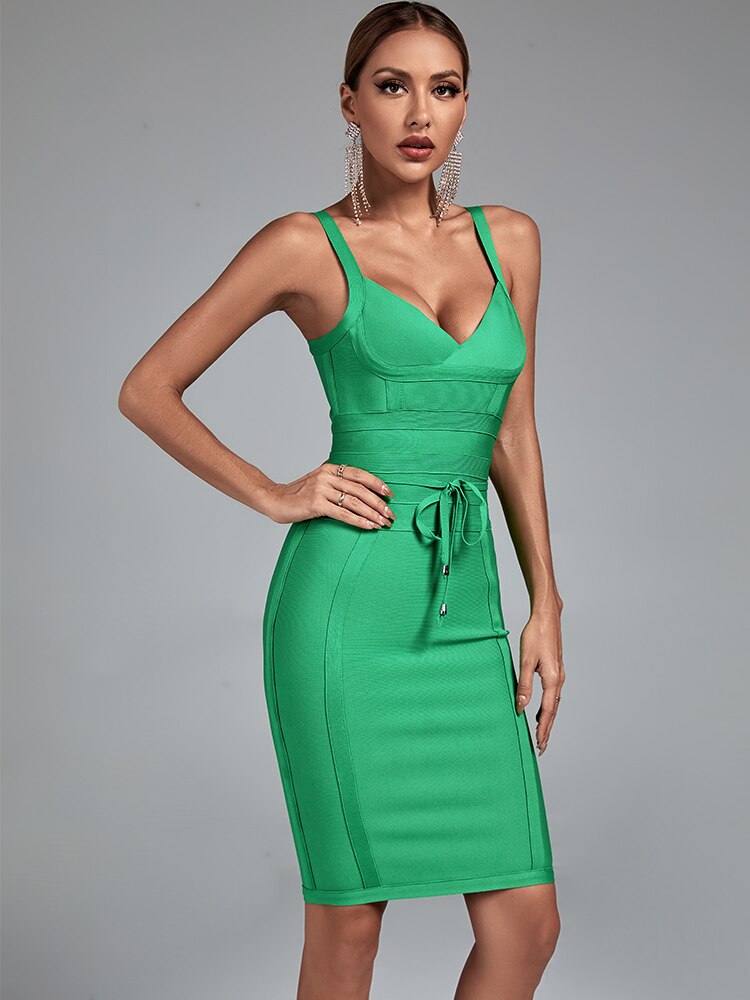 Bella Fancy Dresses US 0 Tie Waist Midi Bandage Dress Green Bodycon Dress Evening Party Elegant Sexy Ribbed Birthday Club Outfit 2022 Summer New Arrival