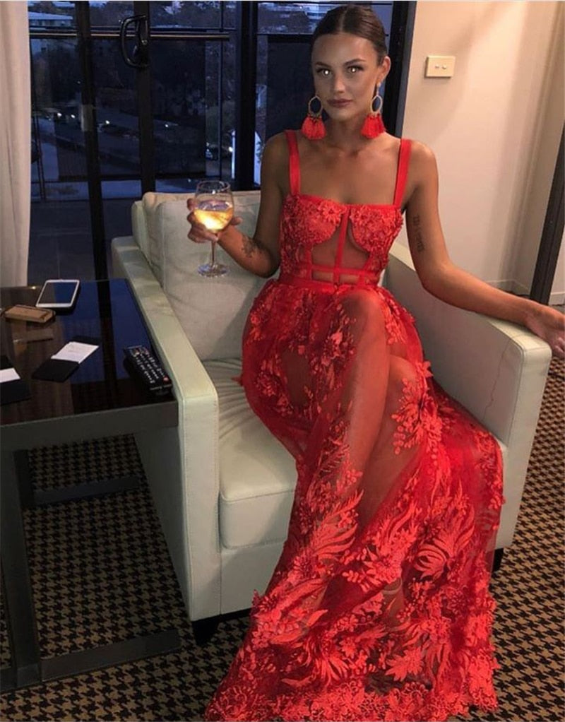 Bella Fancy Dresses US 0 Top Quality Red Lace Spaghetti Strap Sleeveless Mesh Hollow Out Floor Length Rayon Bandage Dress Elegant Women Celebrity Party D