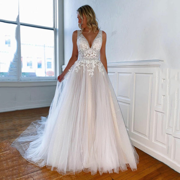 Bella Fancy Dresses US 0 UZN A-Line Appliques Lace Beading Open Back Wedding Dresses V-Neck Glitter Tulle Bride Gowns Elegant Wedding Gown Plus Size