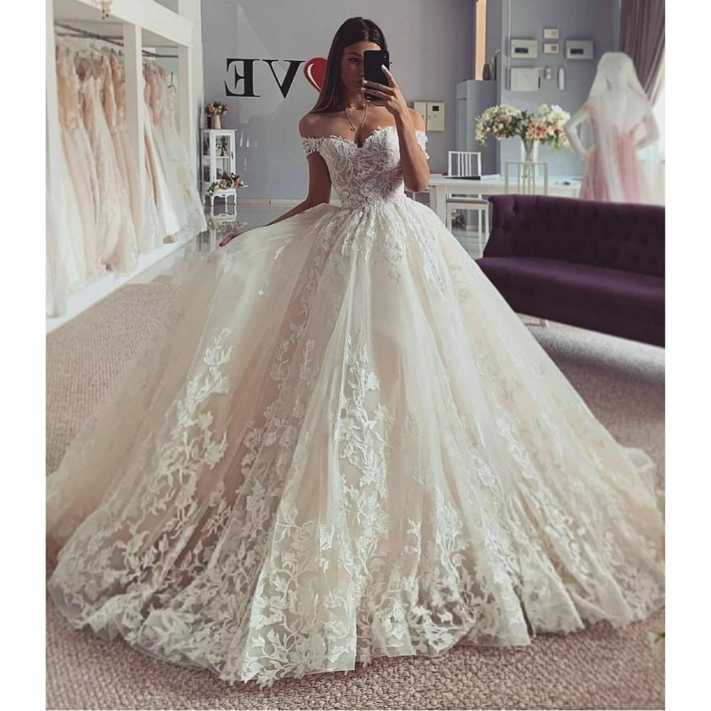 Bella Fancy Dresses US 0 UZN Chic Ivory Lace Appliques BallGown Wedding Dresses Sweetheart Off Shoulder Short Sleeves BOHO Bridal Gowns With Lace Up
