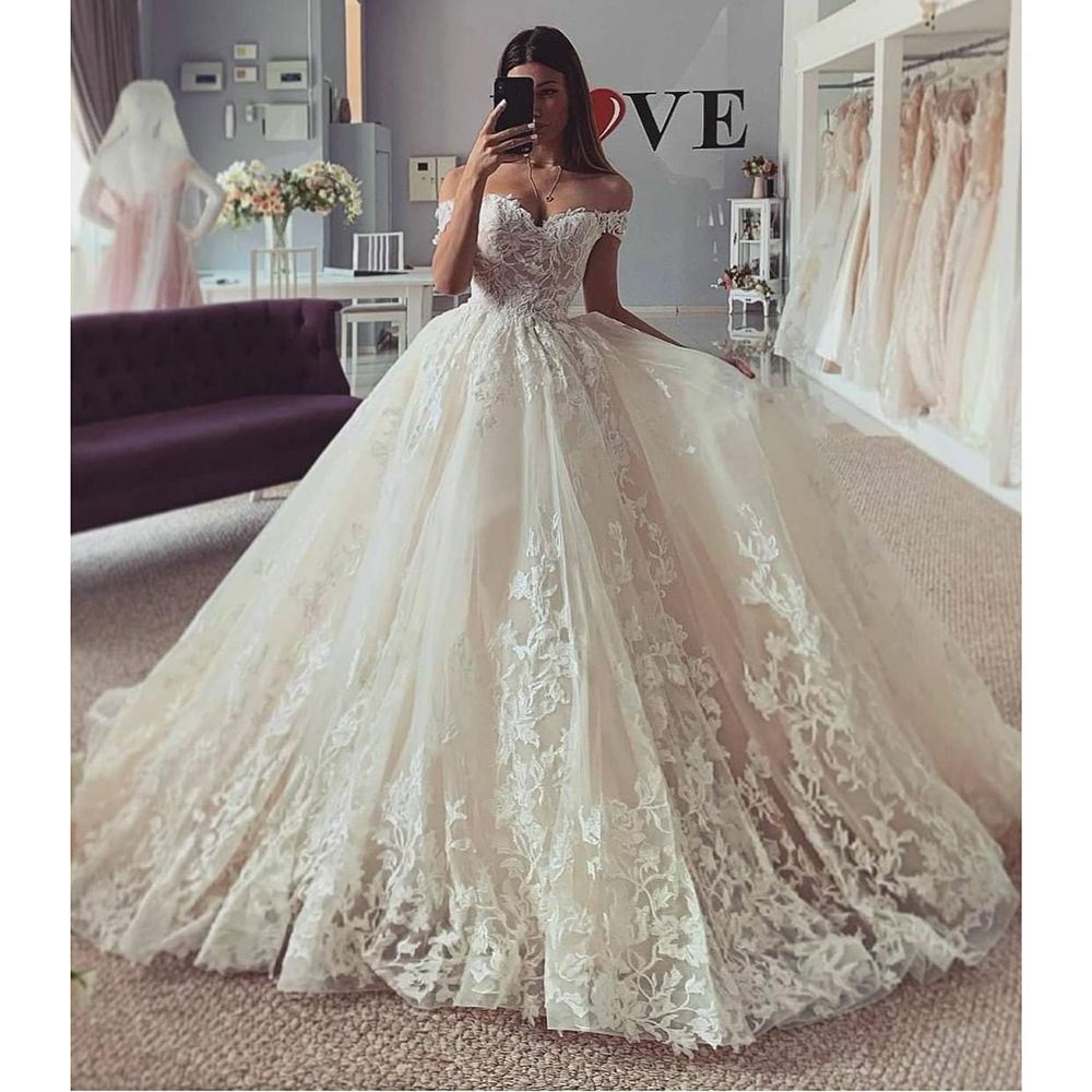 Bella Fancy Dresses US 0 UZN Chic Ivory Lace Appliques BallGown Wedding Dresses Sweetheart Off Shoulder Short Sleeves BOHO Bridal Gowns With Lace Up
