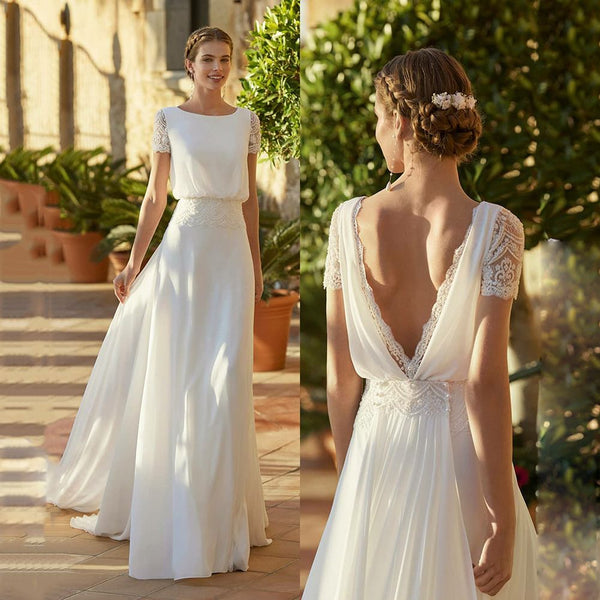 Bella Fancy Dresses US 0 UZN Classic A-Line Lace Chiffon Modern Wedding Dresses Scoop Neck Short Sleeves Bride Gowns Plus Size Open Back Wedding Gowns