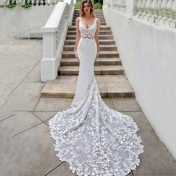 Bella Fancy Dresses US 0 UZN Elegant Ivory Mermaid Lace Appliques Satin Wedding Gowns Tank V-Neck Sleeveless Bridal Gown Sexy Backless Wedding Dress 2021