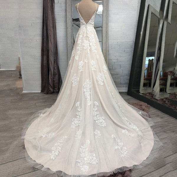 Bella Fancy Dresses US 0 UZN Elegant Light Champagne A-Line Lace Appliques Wedding Dress V-Neck Sleeveless Beading Bridal Gown Ivory Spagetti Straps Open