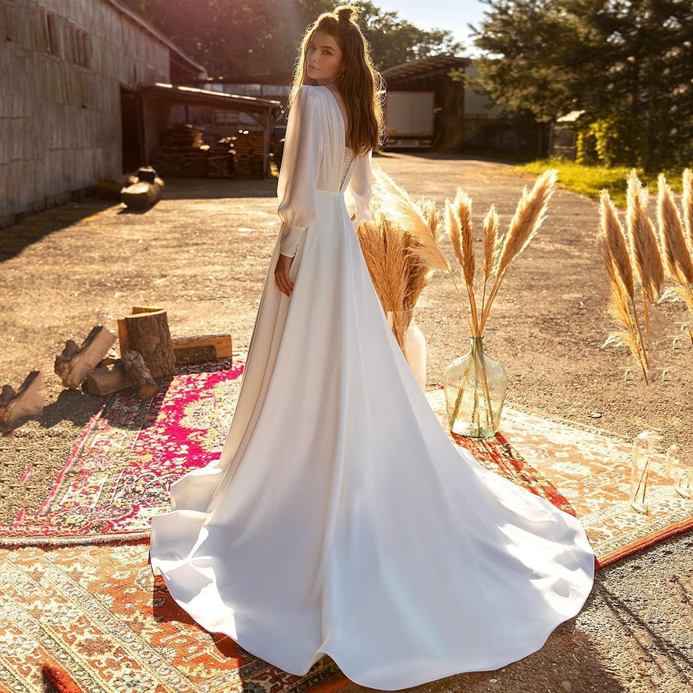 Bella Fancy Dresses US 0 UZN Elegant Wedding Dress Sweetheart A-Line Puff Long Sleeves Satin Bridal Dress Beading Brides Dress