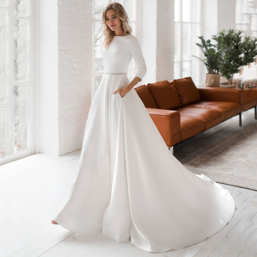 Bella Fancy Dresses US 0 UZN Simple A-Line Wedding Dress Scoop Neckline Long Sleeves Bridal Gown Beading Belt Wedding Gowns With Pockets