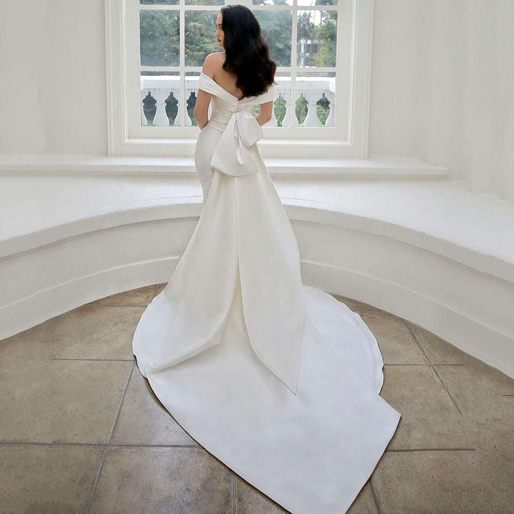 Bella Fancy Dresses US 0 UZN Simple Satin Mermaid Wedding Dresses Off The Shoulder Bridal Gown With Detachable Bowknot Vestido de corte sirena 2021