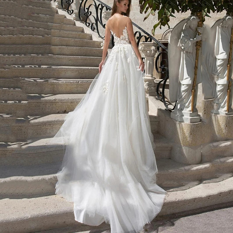 Bella Fancy Dresses US 0 V-Neck Off The Shoulder Wedding Dress A-Line 2022 Boho Lace Bride Dress For Bride Zipper Illusion Pleats Tulle Vestido De Novia