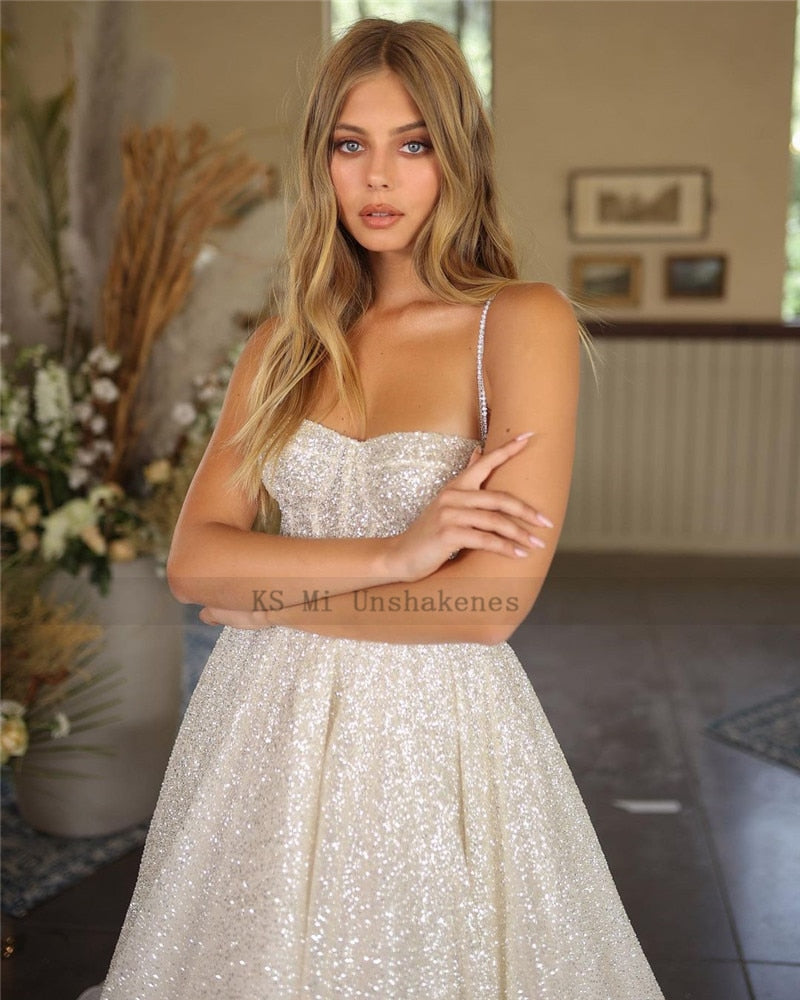 Bella Fancy Dresses US 0 Vestido de Noiva 2021 Shiny Beach Wedding Dresses Custom Made Boho Bride Dress Spaghetti Straps Summer Wedding Gowns Princess