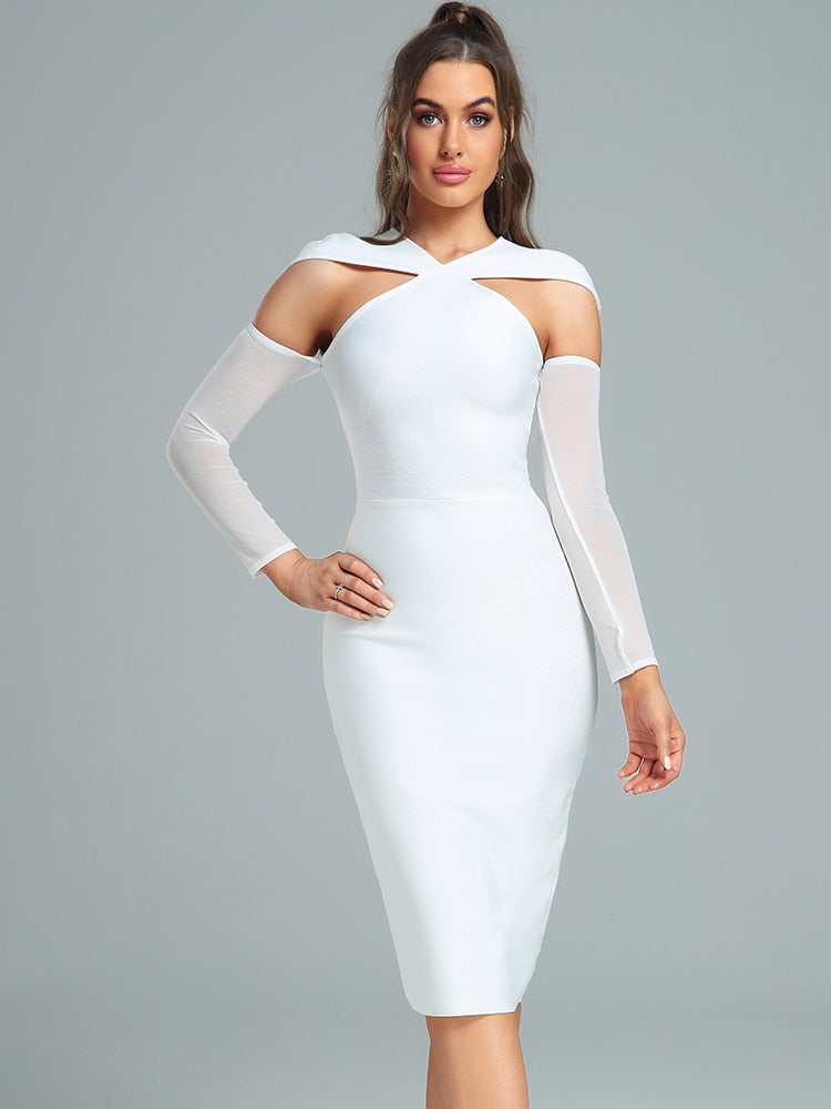 Bella Fancy Dresses US 0 White Bandage Dress Midi Elegant Woman Evening Party Dress Bodycon Sexy Long Sleeve Cut Out Christmas Birthday Club Outfit 2023