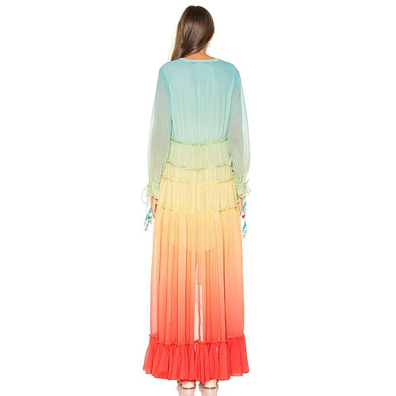 Bella Fancy Dresses US 0 Women&#39;s Summer Bohemian Dress Printing Gradient Elegant Maxi Dress Patchwork Rainbow Color Party Dress Ruffles Sweet Vestidos