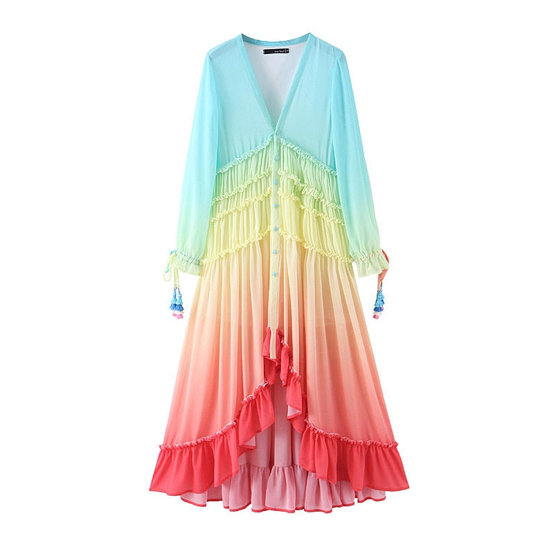 Bella Fancy Dresses US 0 Women&#39;s Summer Bohemian Dress Printing Gradient Elegant Maxi Dress Patchwork Rainbow Color Party Dress Ruffles Sweet Vestidos
