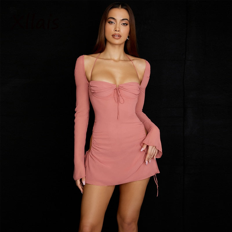 Bella Fancy Dresses US 0 XLLAIS Wholesale Items Women Flare Long Sleeve Pink Dress Fashion Square Collar Bandage Robes Sexy Cut Out Party Club Vestidos
