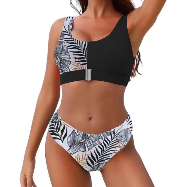 Bella Fancy Dresses US 2Pcs/Set Sexy Bathing Suit Leaf Print Splicing Beachwear Women Swimming Bikini for Water Activity