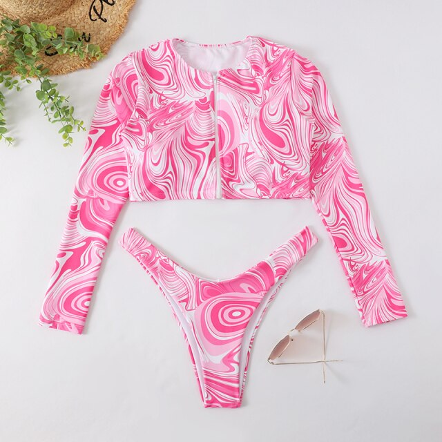 Bella Fancy Dresses US 3 Pieces Zipper Front Long Sleeves Women&#39;s Rash Guard Swimsuit 2022 UPF50+ UV Protective Surfing Bikini With Sarong Beach Skirt