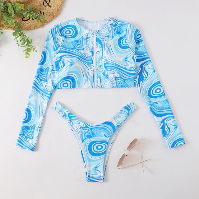 Bella Fancy Dresses US 3 Pieces Zipper Front Long Sleeves Women&#39;s Rash Guard Swimsuit 2022 UPF50+ UV Protective Surfing Bikini With Sarong Beach Skirt
