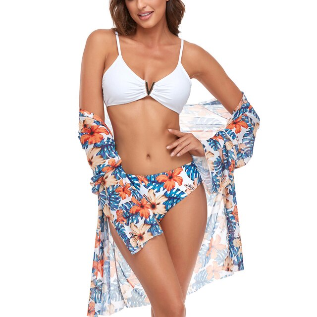 Bella Fancy Dresses US 5 Colors Women Summer Bikini Set Ladies Flower Print Bra Briefs with Cover-up Summer Bathing Swimming Swimsuit