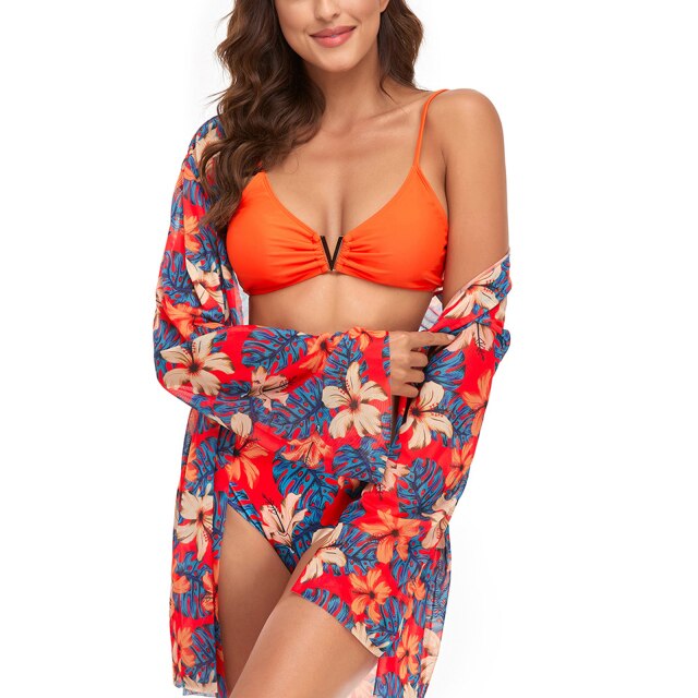 Bella Fancy Dresses US 5 Colors Women Summer Bikini Set Ladies Flower Print Bra Briefs with Cover-up Summer Bathing Swimming Swimsuit