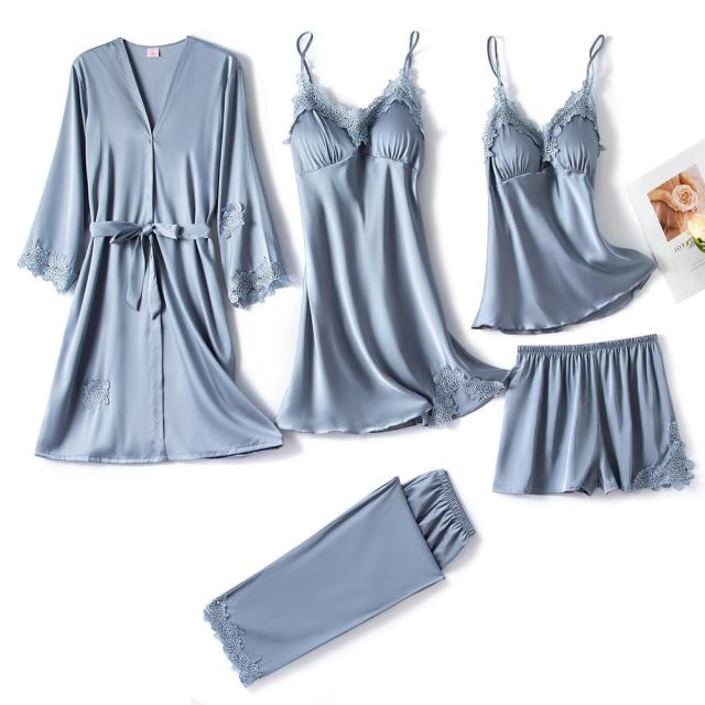 Bella Fancy Dresses US 5PC Silk Robe Sleep Suit Womens Lace Satin Pajamas Gown Set V-Neck Cami Nighties Wear Pijama Home Nightwear Spring Nightdress
