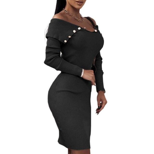 Bella Fancy Dresses US Autumn Winter Ribbed Knitted Bodycon Dress Women Buttoned Solid Off-shoulder Long Sleeve Slim Stretch Dresses Club Party M-3XL