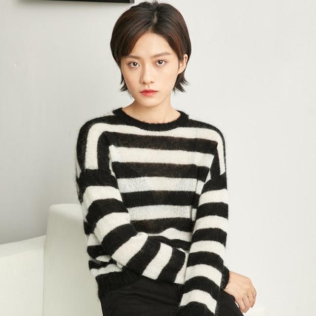 Bella Fancy Dresses US Autumn Women Striped Knitted Sweater Female Casual Round Neck Long Sleeve Loose Turtleneck Tops
