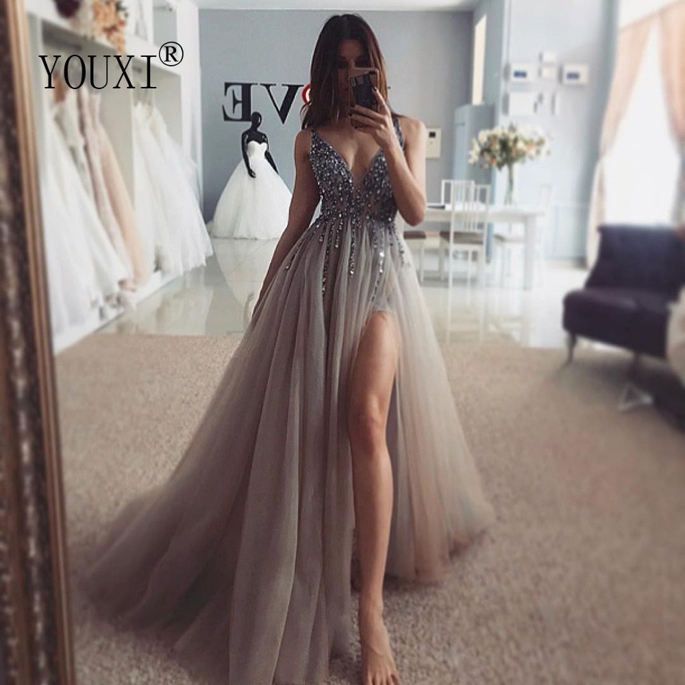 Bella Fancy Dresses US Beading Prom Dresses Long V Neck Light Gray High Split Tulle Sweep Train Sleeveless Evening Gown A-Line Backless
