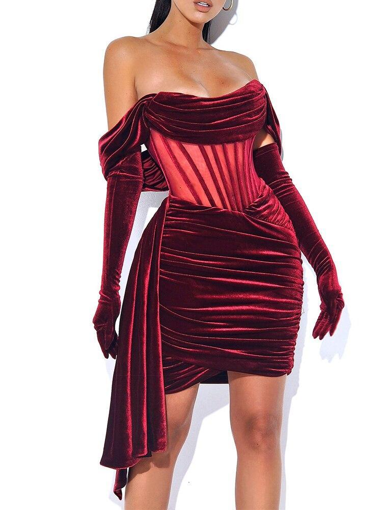 Bella Fancy Dresses US Burgundy Draping Off Shoulder Corset Dress 2022 High Quality Christmas Summer Bodycon Dress Women Sexy Evening Club Dress Outfit