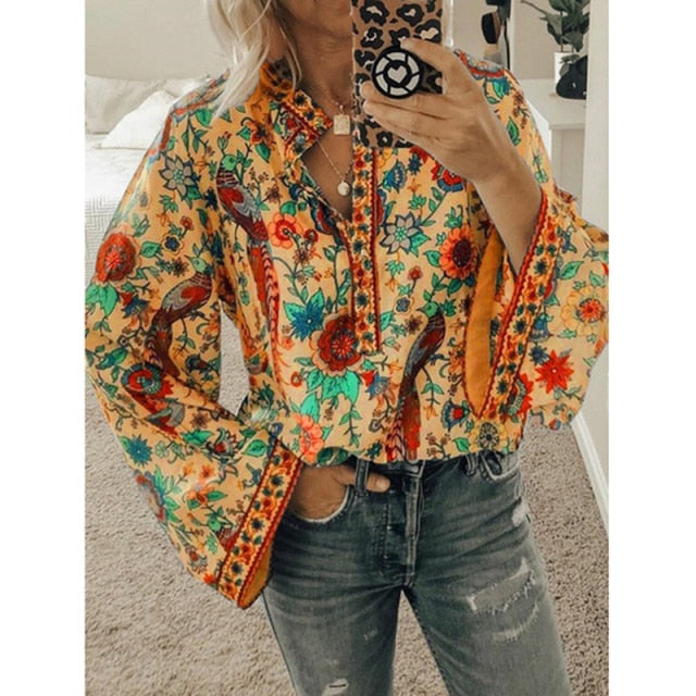 Bella Fancy Dresses US CINESSD 2020 Women Print Blouses Casual Loose Tops Stand V Neck Long Sleeves Button Plus Size Pullover Female Tee Shirts Blouse