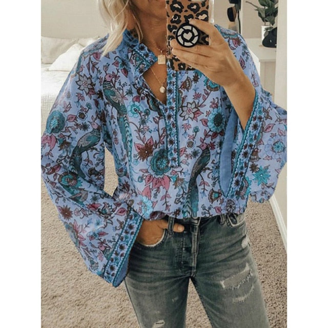 Bella Fancy Dresses US CINESSD 2020 Women Print Blouses Casual Loose Tops Stand V Neck Long Sleeves Button Plus Size Pullover Female Tee Shirts Blouse