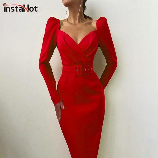Bella Fancy Dresses US Elegant Party Women Dress Slim V Neck Long Sleeve Mid Calf Pencil Dress 2020 Casual Office Lady Solid Red Puff Sleeve