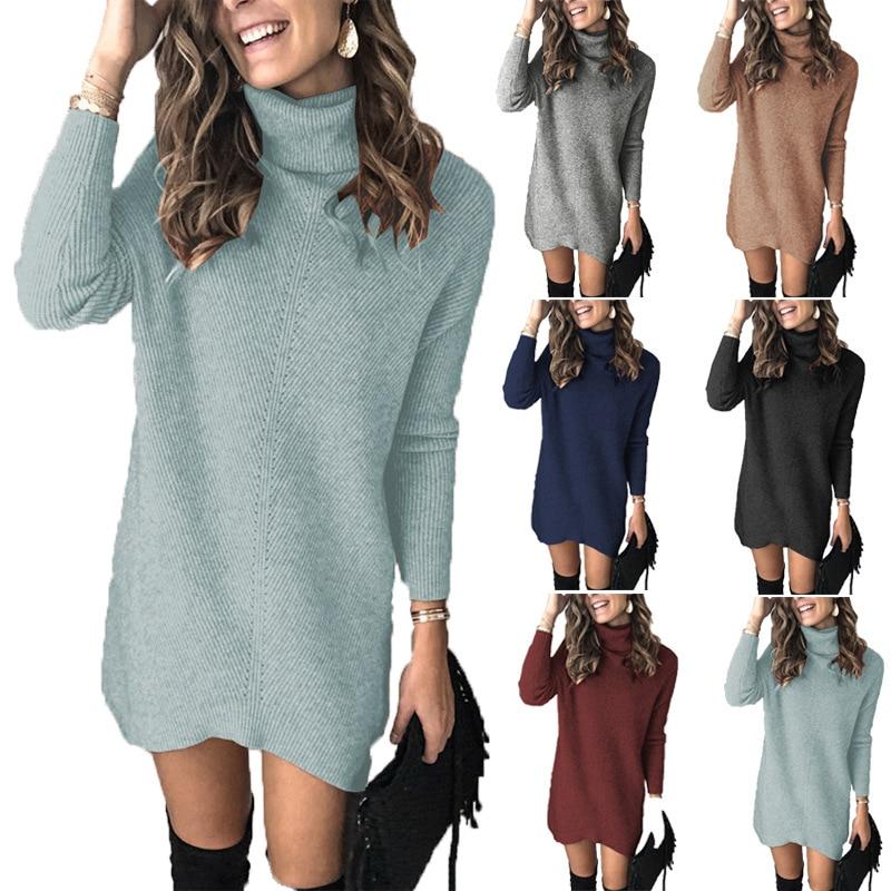 Bella Fancy Dresses US Fashion Turtleneck Long Sleeve Sweater Dress WomeN Autumn Winter Loose Tunic Knitted Casual Pink Gray Clothes Solid Dresses