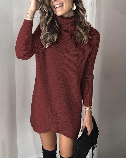 Bella Fancy Dresses US Fashion Turtleneck Long Sleeve Sweater Dress WomeN Autumn Winter Loose Tunic Knitted Casual Pink Gray Clothes Solid Dresses