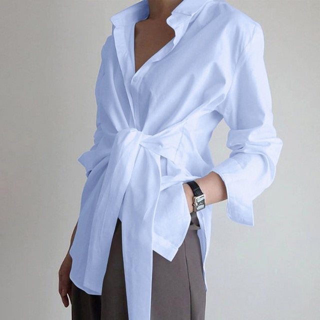 Bella Fancy Dresses US Fashion women shirt blouse long sleeve ruched solid color blouse for office ladies white blue black autumn shirt