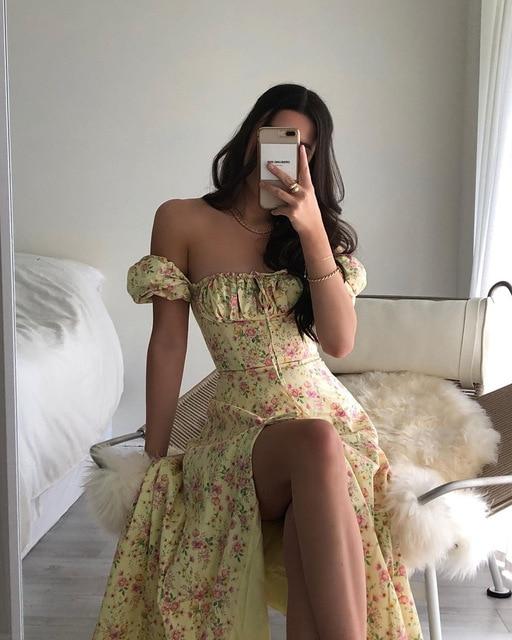 Bella Fancy Dresses US Floral Print Women Dress Sweet Square Neck Puff Sleeve Side Split Drawstring Female Fashion Maxi Dresses Party Chic Casual