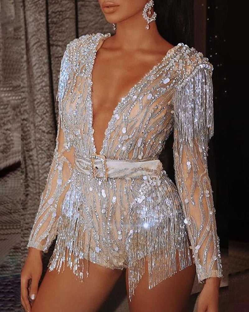 Bella Fancy Dresses US Glitter Sequin Rompers and Jumpsuits 2021 Spring Women Long Sleeve V Neck Bodycon Tassel Sexy Club Party Playsuits