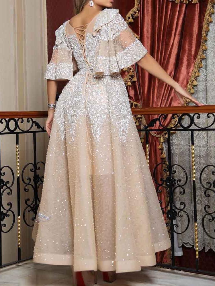 Bella Fancy Dresses US Gowns Gauze Patch Large Hem Glitter Long Gown With Sleeves