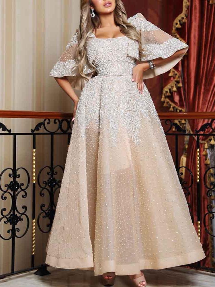 Bella Fancy Dresses US Gowns Gauze Patch Large Hem Glitter Long Gown With Sleeves