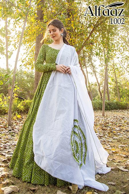 Bella Fancy Dresses US Gowns Partywear Designer Bandhani Pure Maslin Stitched Suit With Dupatta